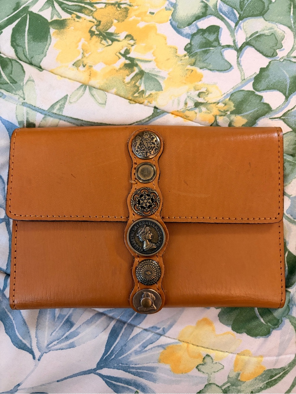 Patricia Nash Tan Leather Clutch with Decorative Coin Strap